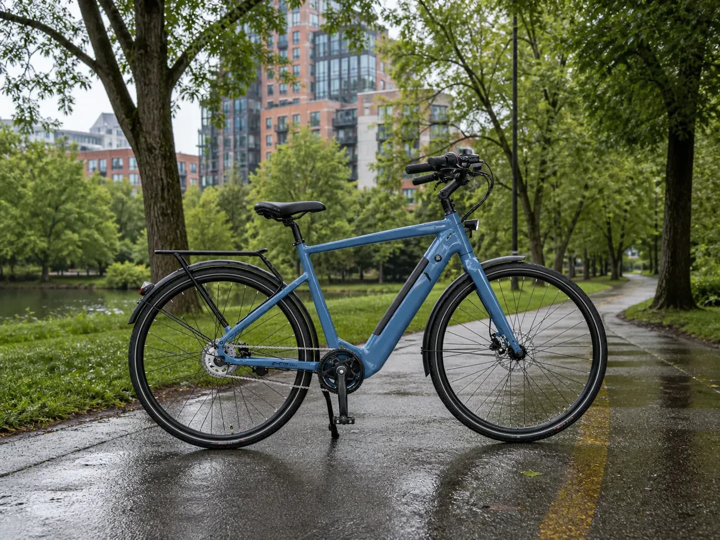 Blue Element E-Citi commuter e-bike beside a Canadian city park